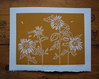 Impresión original en linograbado 'Familia de girasoles'