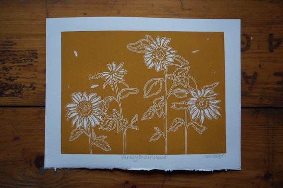 Original Linocut Print ‘Family of Sunflowers’