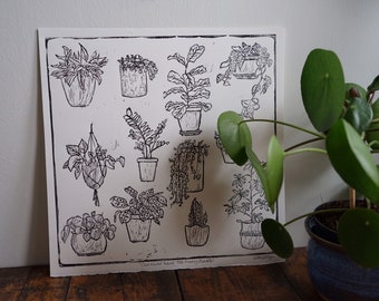 Original Linocut houseplant print ‘Can never have too many plants!’
