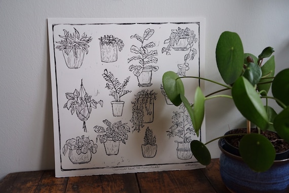 Original Linocut houseplant print ‘Can never have too many plants!’
