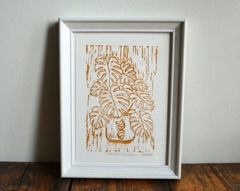 Original Linocut Print ‘Monstera Deliciosa’ Swiss cheese plant.