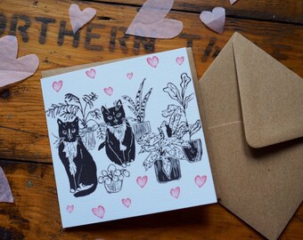 Eco friendly ‘Love Cats’ Linocut artist made valentines/palentines/anniversary card for cat lovers