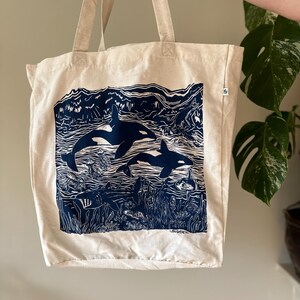 Puede incluir: Una bolsa de lona blanca con un estampado azul de orcas nadando en el oc&eacute;ano. El estampado incluye algas marinas, peces y otras formas de vida marina. La bolsa tiene un asa larga y est&aacute; hecha de algod&oacute;n natural.