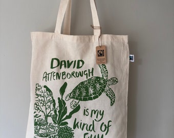 Eco friendly GOTS Organic Fairtrade David Attenborough, Turtle tote bag.