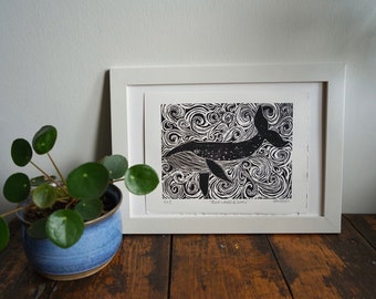 Original Linocut print of ‘Blue Whale & swirls’.