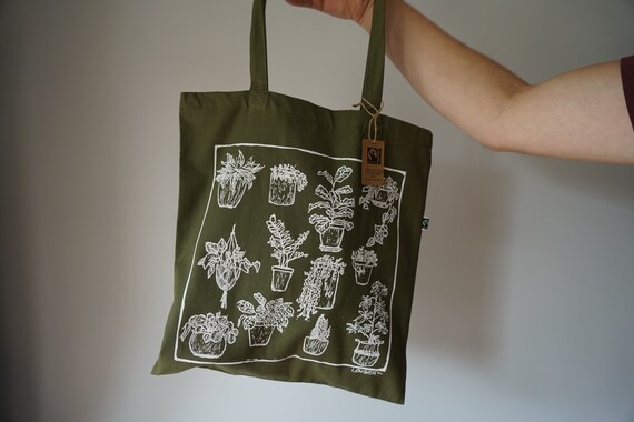 Eco friendly GOTS Organic and FairTrade Many House Plants tote bag.