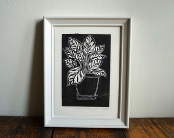 Original Linocut print ‘Calathea Makoyana’ Peacock Plant