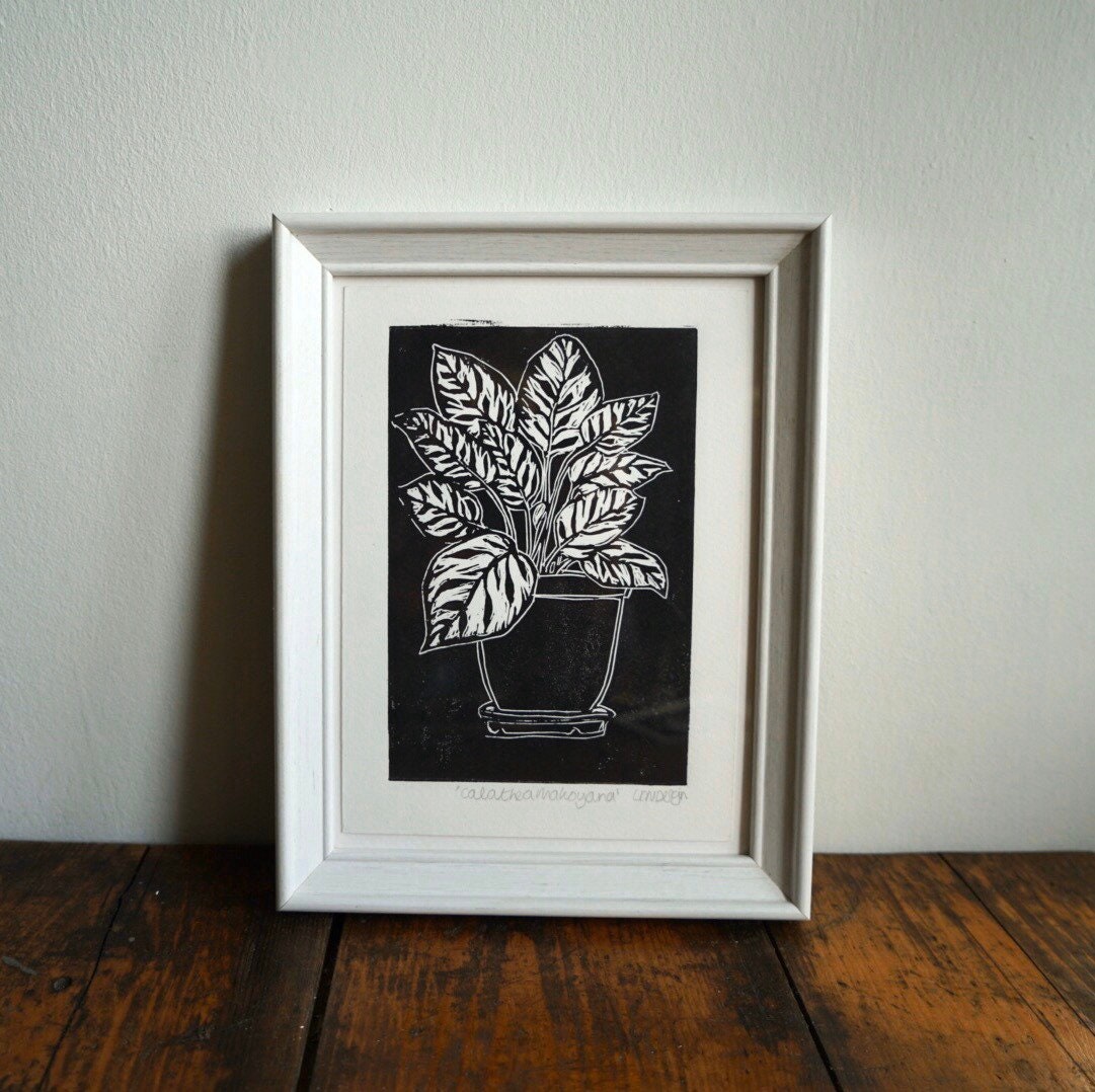 Original Linocut Print 'calathea Makoyana' Peacock Plant - Etsy