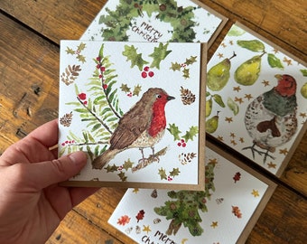 Artist made Christmas card pack of 4 Seasonal birds