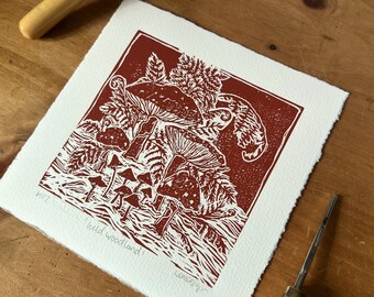 Original Linocut ‘Wild Woodland’ Mushroom and fern print