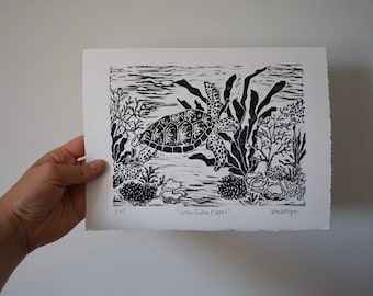 Original Linocut print of ‘Green Turtle & coral’