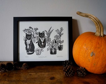Original Linocut ‘Cats & plants’ print