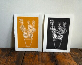 Original Linocut print ‘Opuntia Microdasy’ Bunny ears cactus.