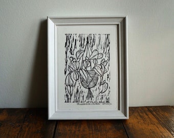 Original Linocut print ‘Philodendron Scandens’ Trailing plant.