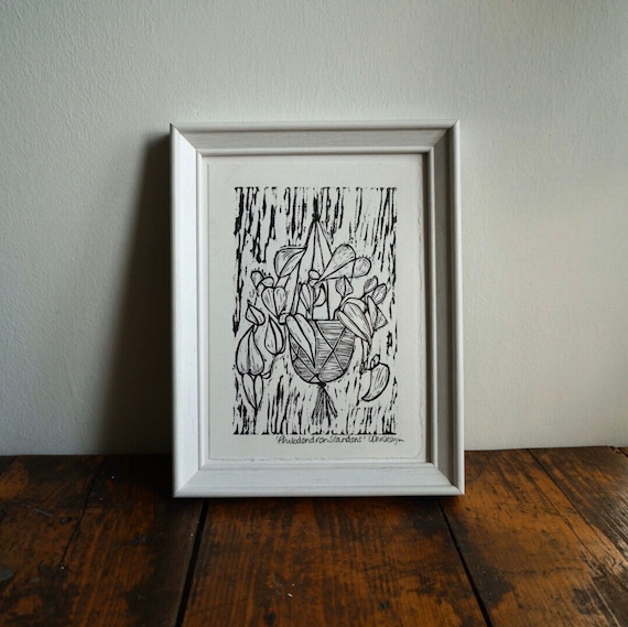 Original Linocut print ‘Philodendron Scandens’ Trailing plant.