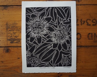 Original Linocut passion flower Print ‘Passiflora Caerulea’