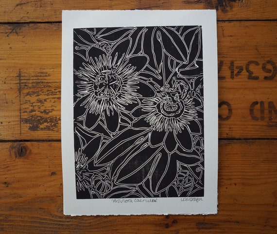 Original Linocut Print ‘Passiflora Caerulea’ Passion Flower