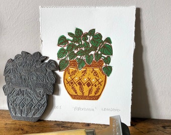 Original Linocut print ‘peperomia’ House plant