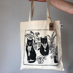Eco friendly GOTS Organic and FairTrade Cats & Plants tote bag