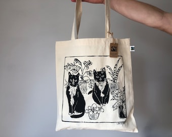 Eco friendly GOTS Organic and FairTrade Cats & Plants tote bag