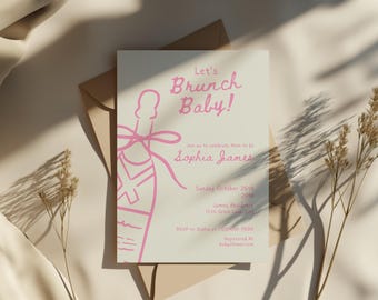 May include: A baby shower invitation with a pink champagne bottle illustration and the text "Let's Brunch Baby!" on a cream background. The invitation includes details for the event, such as the date, time, and location.