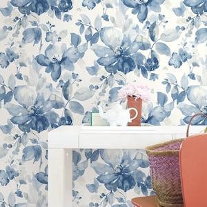 Prepasted Wallpaper Watercolor Floral Neutral Blue Wallcovering Traditional Flower Garden Wall Decor Floral Trail Wallpaper