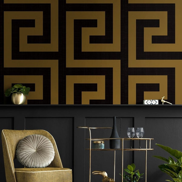 Geometric Peel and Stick Wallpaper Gold Black Self Adhesive Renter Friendly Greek Key DIY Wallcovering