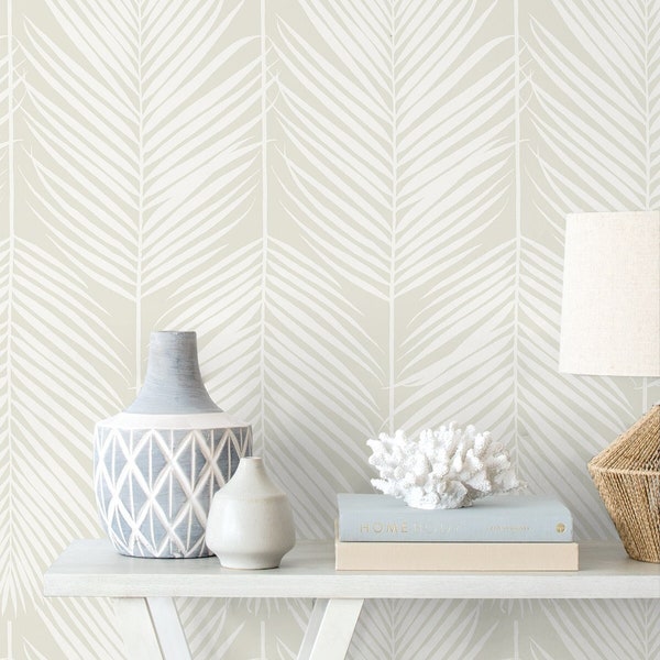 Prepasted Wallpaper Palm Leaf Beige Wallcovering Neutral Coastal Beach House Tropical Wall Decor DIY