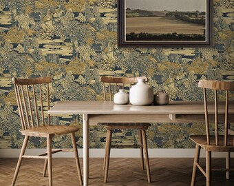 Vintage Toile Peel and Stick Wallpaper Yellow Blue Botanical Scenic Renter Friendly Wallcovering