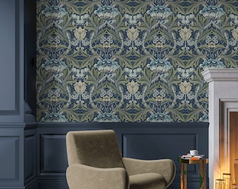 Prepasted Wallpaper Vintage Floral Green Blue Wallcovering Arts and Crafts Morris Inspired Flower Wall Decor