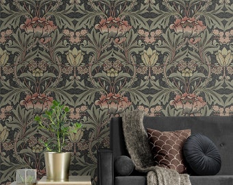 Prepasted Wallpaper Vintage Floral Grey Green Wallcovering Arts and Crafts Morris Inspired Flower Wall Decor