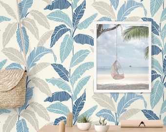 Tropical Peel and Stick Wallpaper Palm Leaf Blue Self Adhesive Renter Friendly Wallcovering DIY Botanical Wall Decor Peel Stick