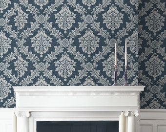 Damask Peel and Stick Wallpaper | Peel and Stick | Self Adhesive Wallpaper | Blue Peel and Stick | Temporary Wallpaper | Damask Wallpaper