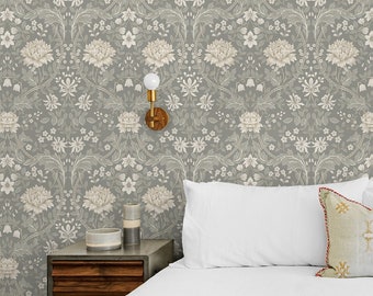Prepasted Wallpaper Vintage Floral Grey Neutral Wallcovering Arts and Crafts Morris Inspired Flower Wall Decor DIY Wallcovering