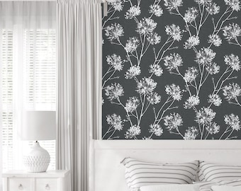 Prepasted Wallpaper Modern Floral Grey Wallcovering Traditional Flower Garden Wall Decor Floral Trail Wallpaper