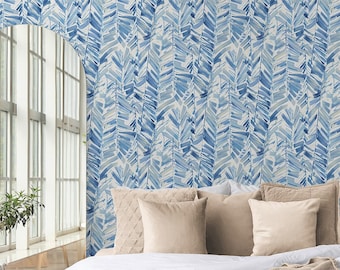 Tropical Peel and Stick Wallpaper Palm Leaf Blue Self Adhesive Renter Friendly Wallcovering DIY Botanical Wall Decor