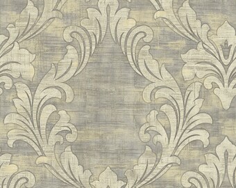 May include: A seamless pattern featuring a damask design in a light beige color on a gray background. The pattern is intricate and detailed, with a repeating motif of stylized leaves and flowers.