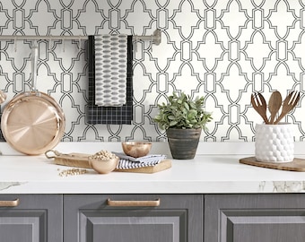 May include: A kitchen with white cabinets and a white countertop. The backsplash is a white and black geometric pattern wallpaper. There are copper mugs and a copper pot hanging on a rack above the countertop. There is a small potted plant, a bowl of white beans, and a bowl of white beans on the countertop.