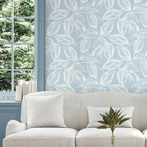 Wallpaper Leaf Blue Botanical Coastal Wallcovering Designer Beach House Wall Decor