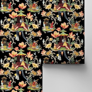 May include: Black and white wallpaper with a repeating pattern of a pagoda, flowers, and birds. The pagoda is red and gold with a green roof. The flowers are red, yellow, and pink. The birds are blue and white.