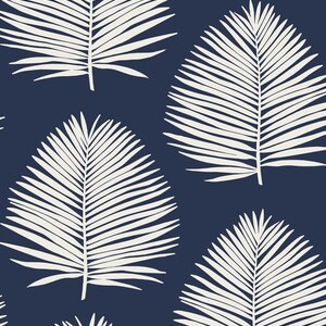 May include: A seamless pattern featuring white palm leaves on a dark blue background. The leaves are stylized and have a simple, graphic design.