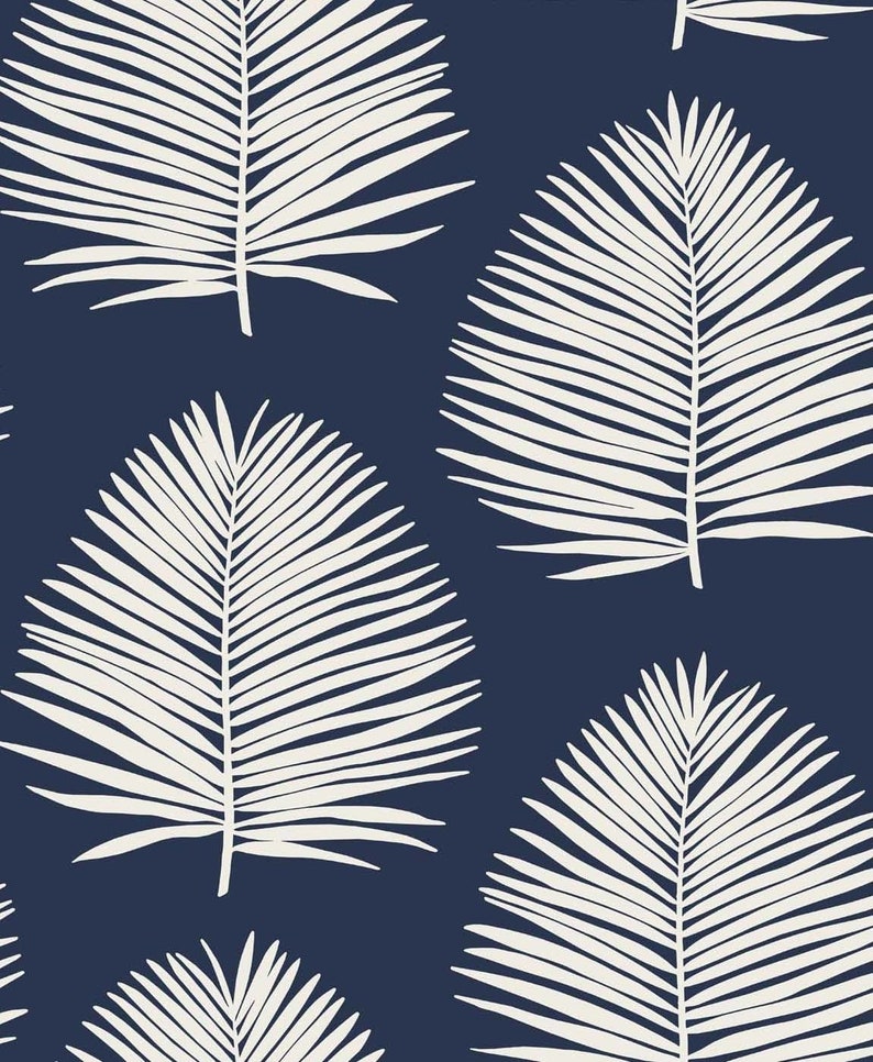 May include: A seamless pattern featuring white palm leaves on a dark blue background. The leaves are stylized and have a simple, graphic design.