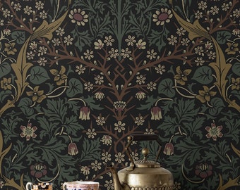 Prepasted Wallpaper Vintage Floral Brown Neutral Wallcovering Arts and Crafts Morris Inspired Flower Wall Decor DIY Wallcovering