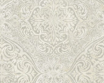 May include: A seamless pattern with a white damask design on a light gray background. The pattern features intricate swirls and floral motifs.