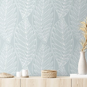 Wallpaper Leaf Blue Botanical Coastal Wallcovering Designer Beach House Wall Decor