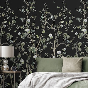 Mural | Wall Mural | Black Mural | Floral Mural | Chinoiserie Mural | Wallpaper Mural | Bird Mural | Wall Decor | Plant Mural | Chinoiserie