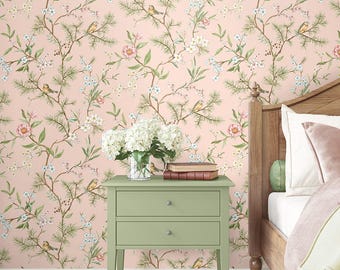 Pink Chinoiserie Peel and Stick Wallpaper Bird Floral Self Adhesive Wallcovering