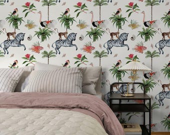 Animal Wallpaper Zebra Tropical Floral Bird Wallcovering Unpasted Nonwoven Novelty Bathroom Wallpaper Eclectic Decor Neutral
