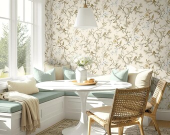 Cream Chinoiserie Peel and Stick Wallpaper Bird Floral Self Adhesive Wallcovering