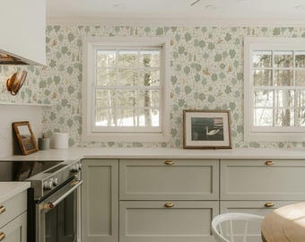 Cream Green Peel and Stick Wallpaper Forest Self Adhesive Wallcovering Temporary Renter Friendly